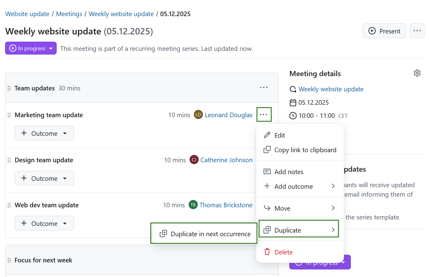 Duplicate an agenda item to next meeting in OpenProject recurring meetings