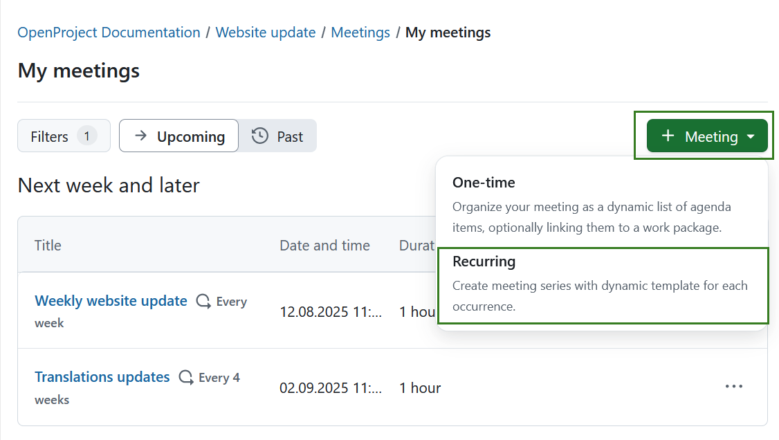 Um botão para criar reuniões recorrentes no OpenProject