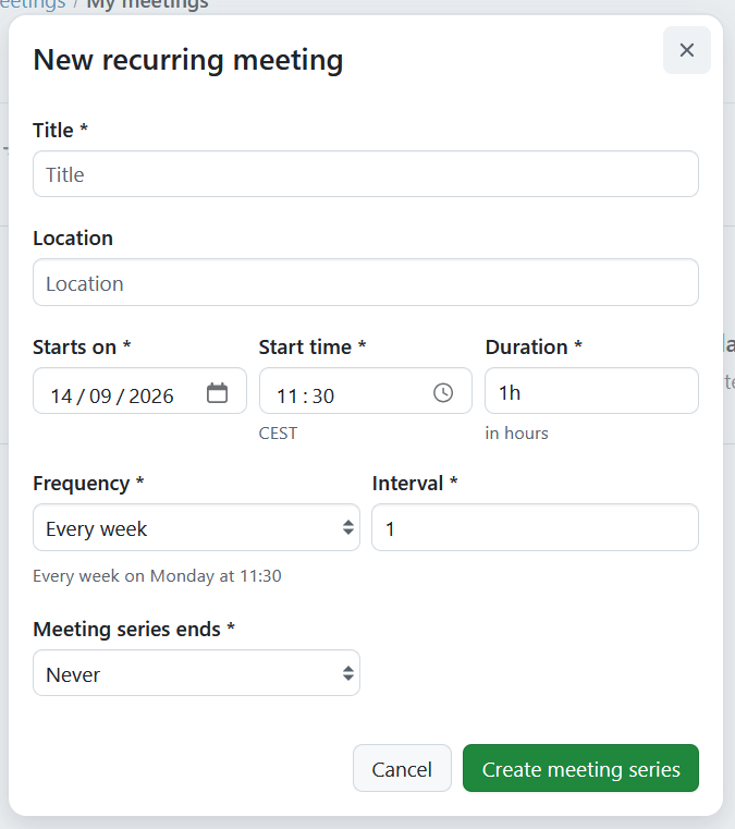 Formulario para crear reuniones periódicas en OpenProject