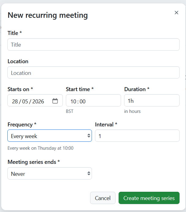 Formulario para crear reuniones periódicas en OpenProject