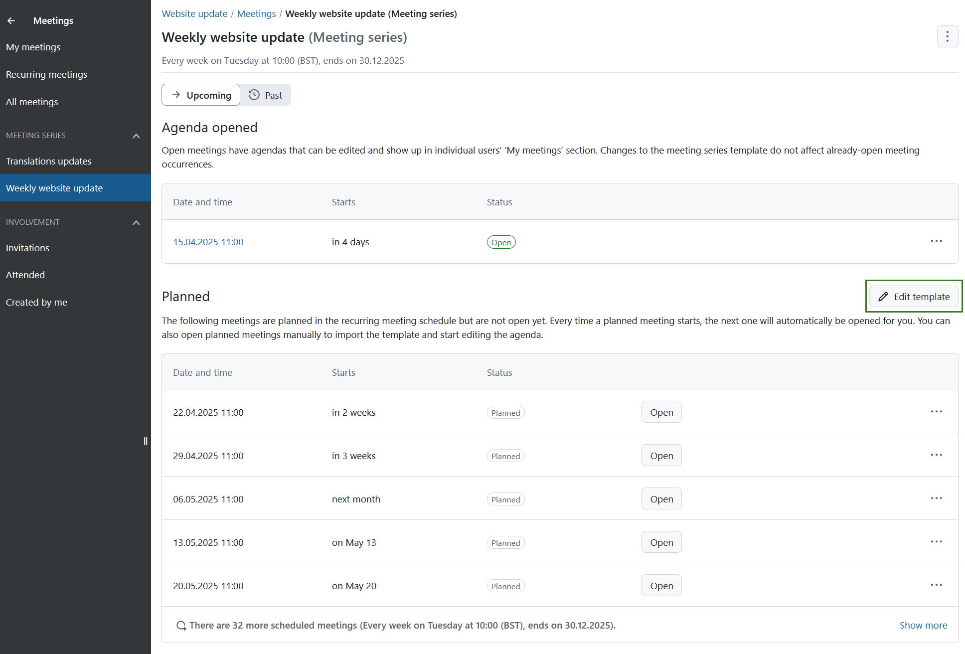 Botão Editar modelo para reuniões recorrentes no OpenProject