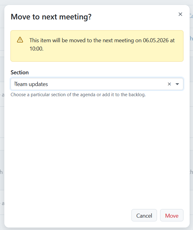 A confirmation dialogue for moving an agenda item into the the next meeting occurrence in OpenProject