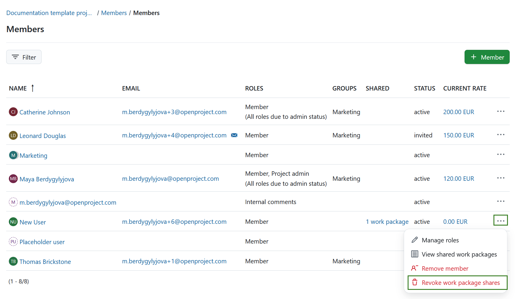 Remove sharing privileges in OpenProject