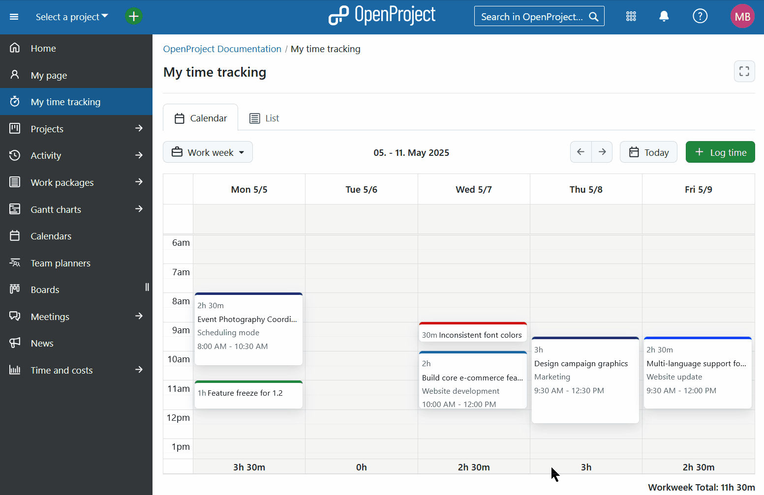 Beispiel für die Zeiterfassung in OpenProject My Zeiterfassungsmodul