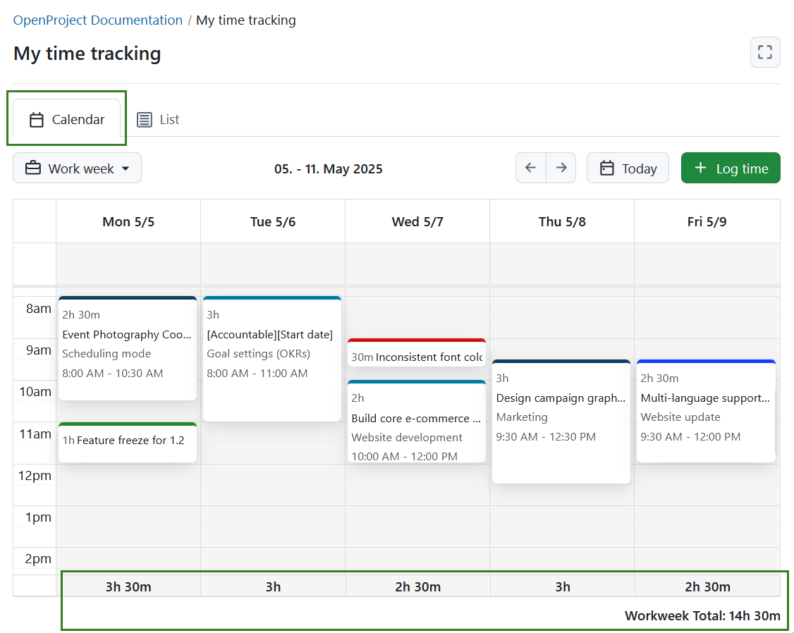 Stundensummen, die am unteren Rand der Registerkarte Kalender unter dem Modul Meine Zeiterfassung in OpenProject angezeigt werden
