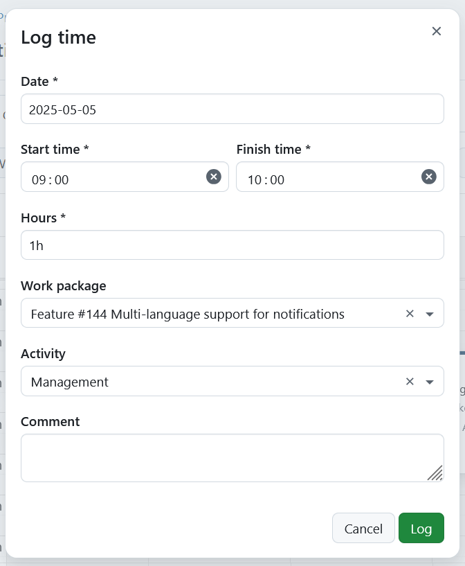 Modal zur Zeiterfassung von My time tracking module in OpenProject