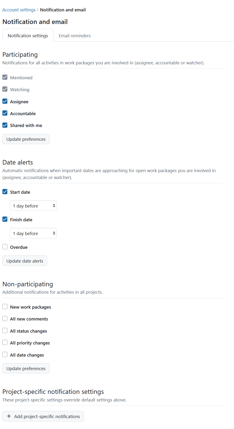A screenshot of the notification settings page