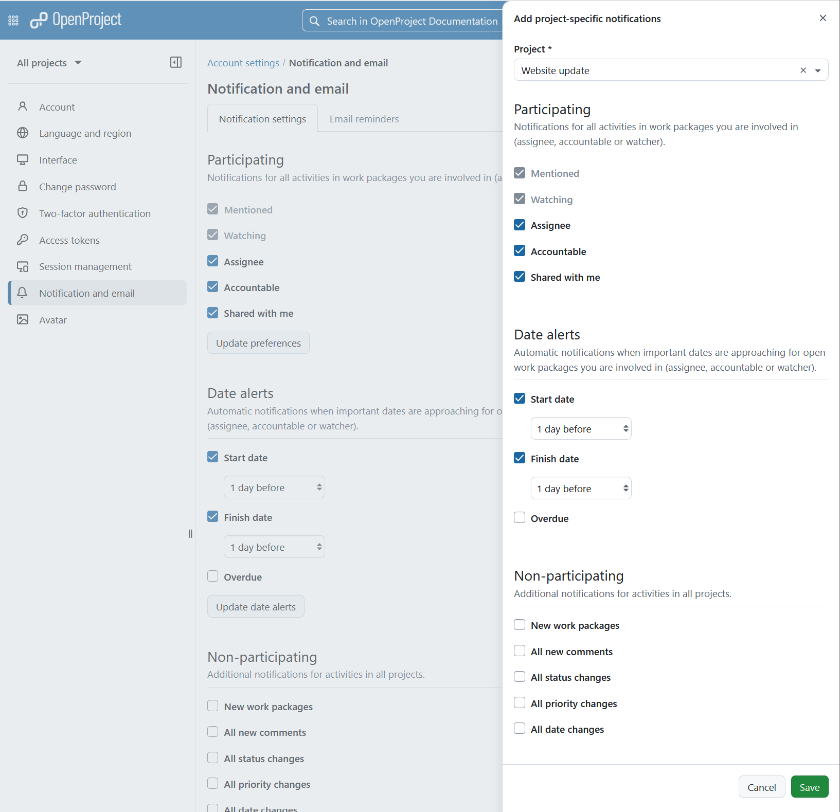 A form to specify project-specific notifications for OpenProject