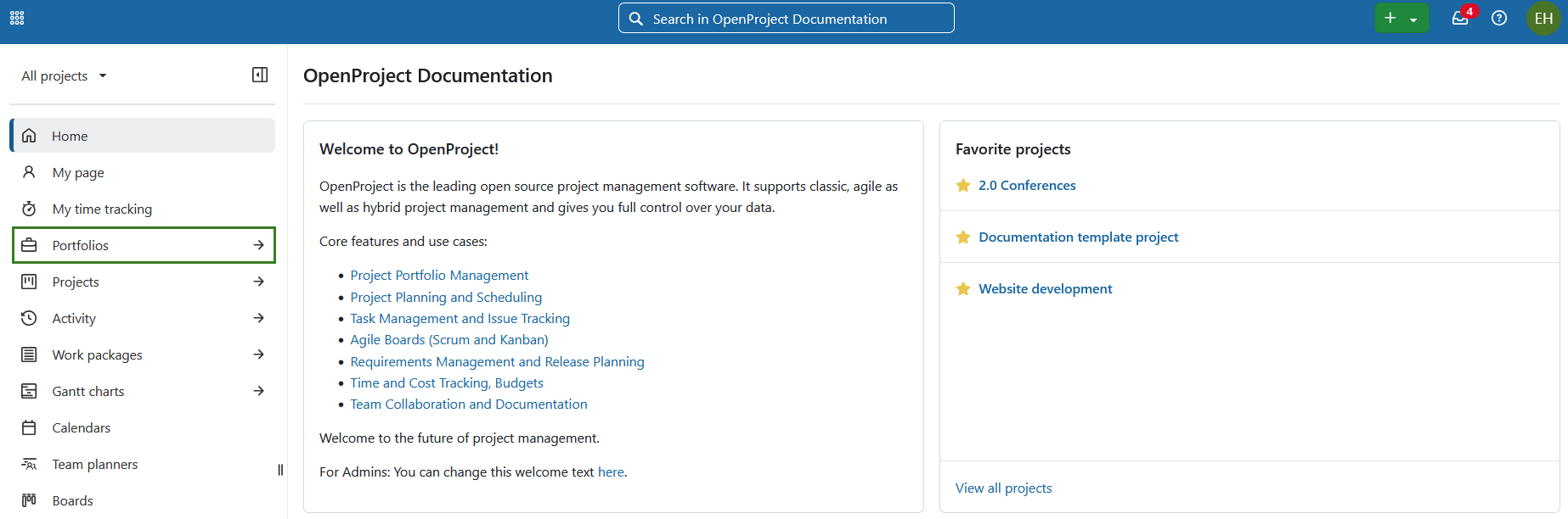 Select Portfolios from the global modules menu in OpenProject
