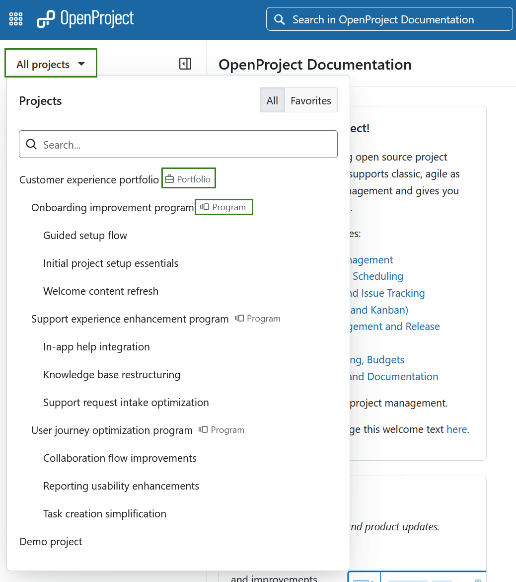 Select Portfolios from the All projects dropdown menu in OpenProject