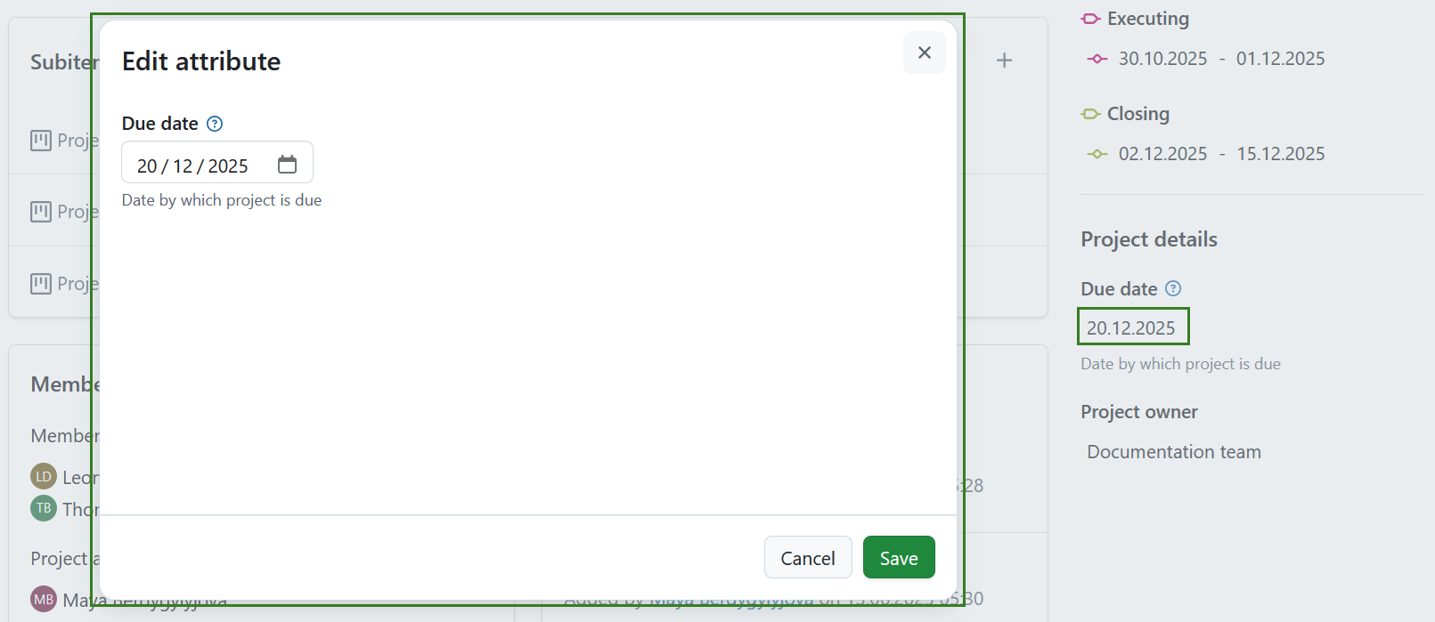 Editar una sección de atributos del proyecto en la página de resumen del proyecto