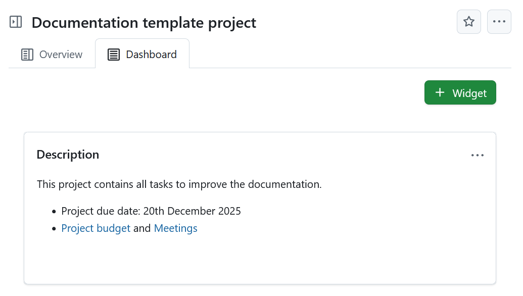 Description widget displayed on a project home page in OpenProject