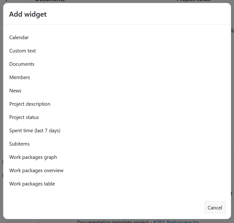 A list showing available widgets to be added to a project home page in OpenProject