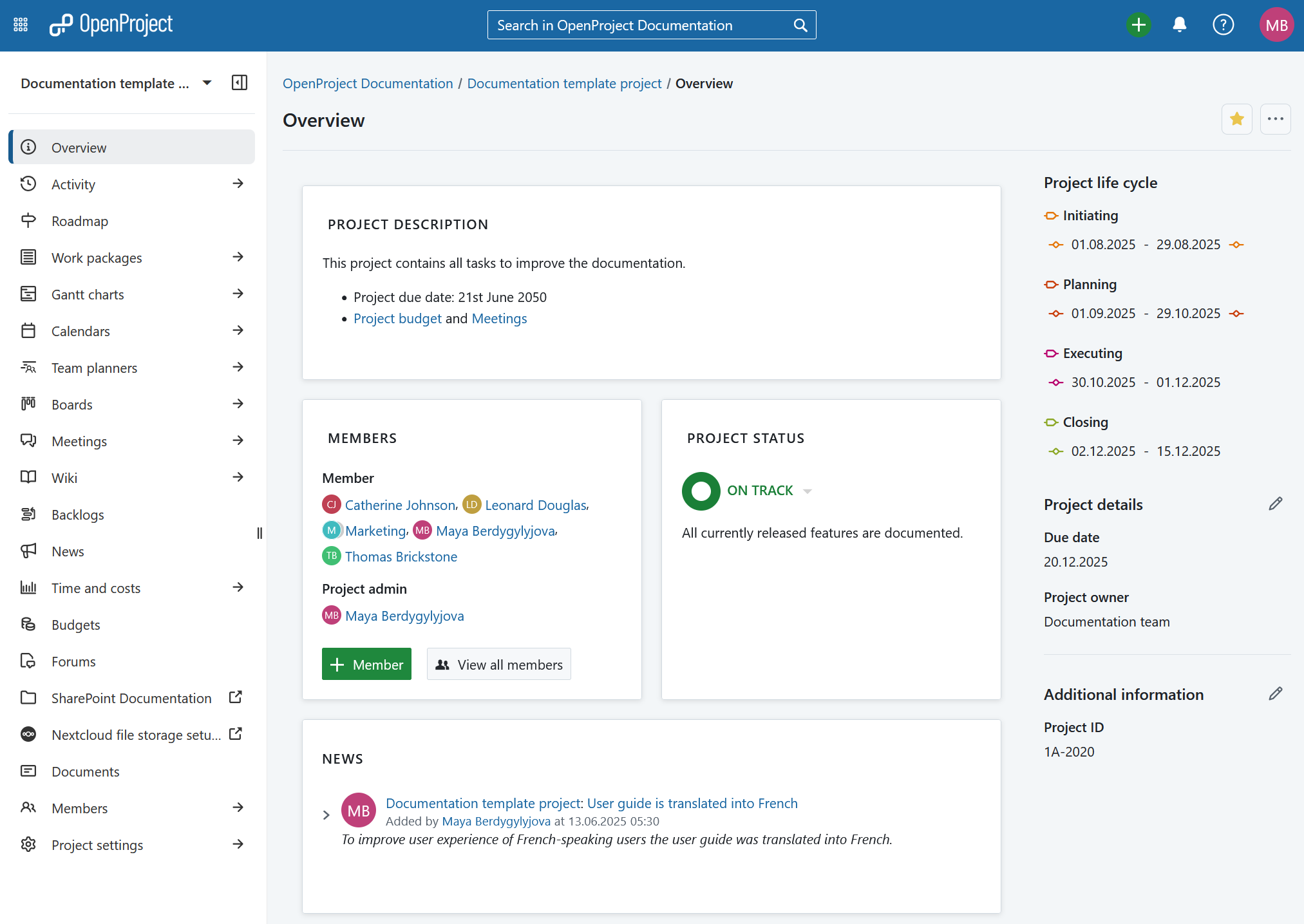 Page de présentation d’un projet spécifique dans OpenProject