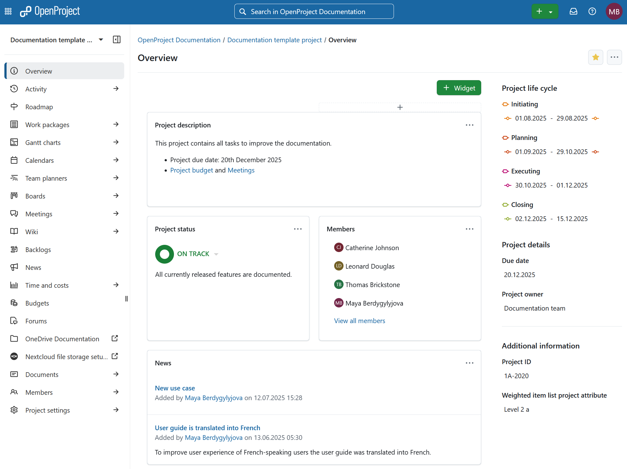 Project overview page for a specific project in OpenProject