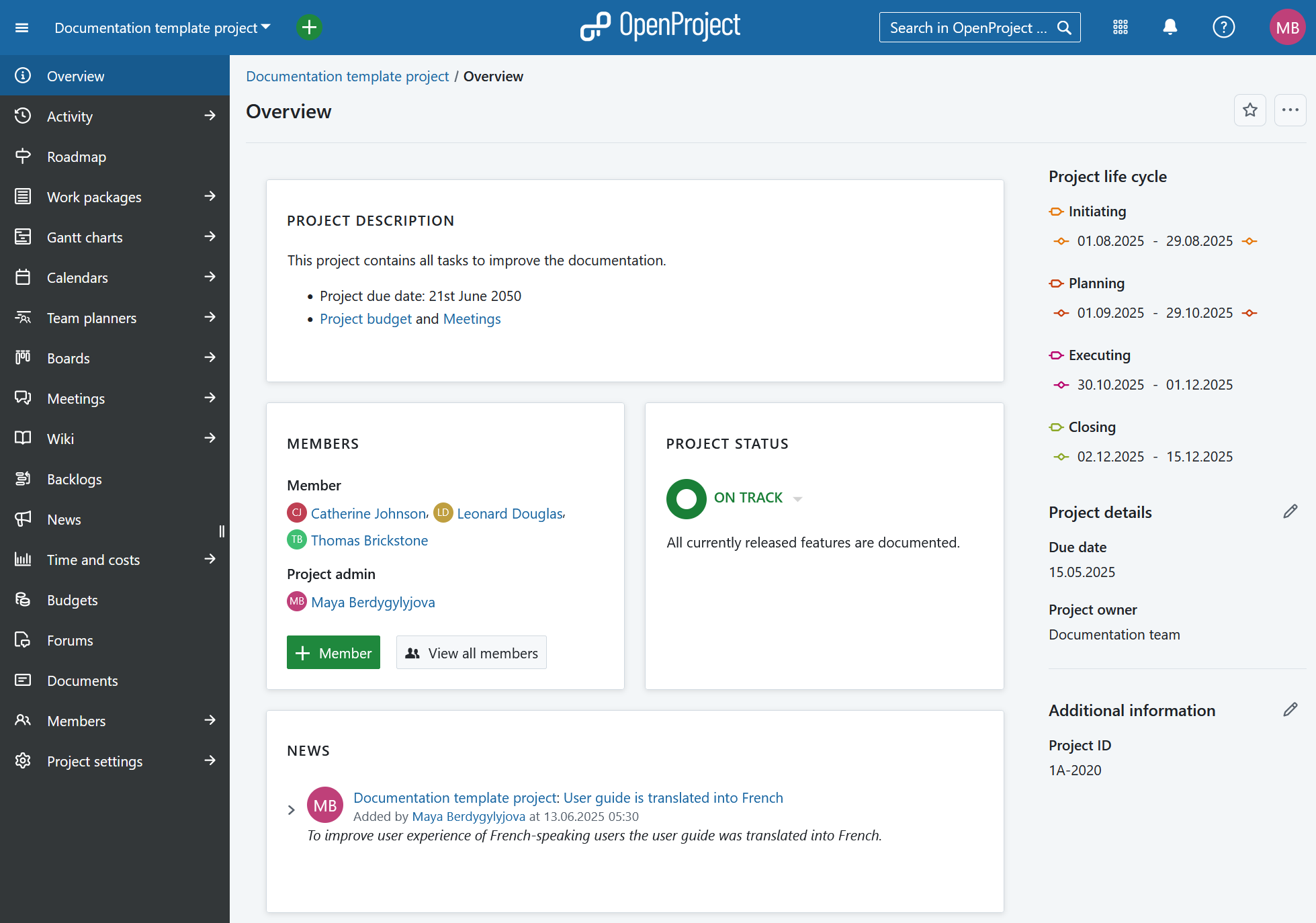 Projektübersichtsseite für ein einzelnes Projekt in OpenProject
