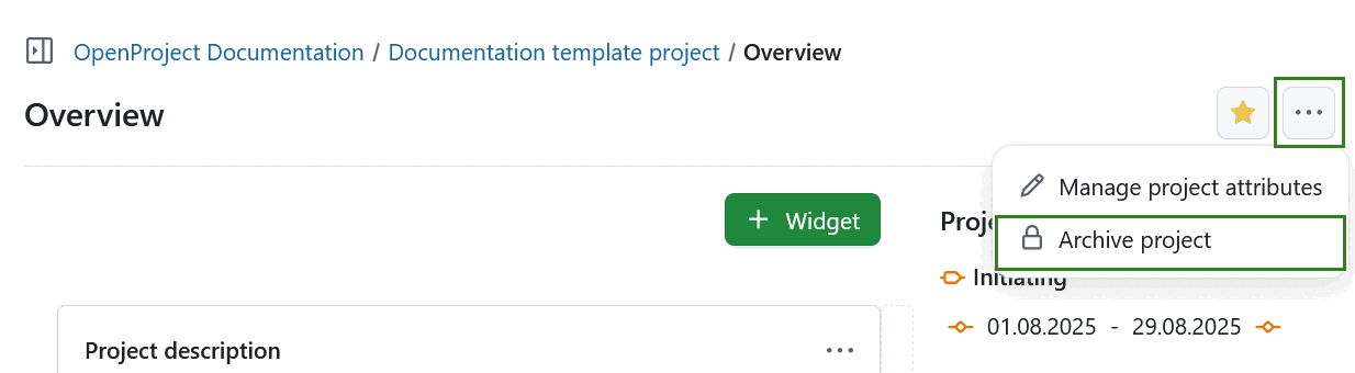 Archivieren Sie ein Projekt auf der Projektübersichtsseite in OpenProject