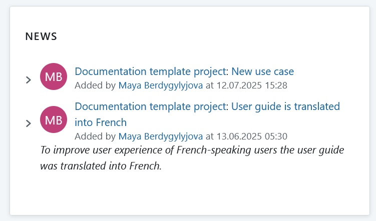 Widget des actualités affiché sur une page d’aperçu du projet dans OpenProject
