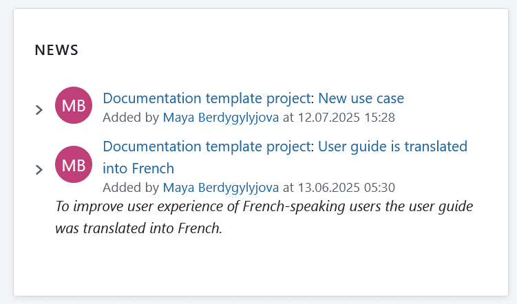 News-Widget, angezeigt auf einer Projektübersichtsseite in OpenProject