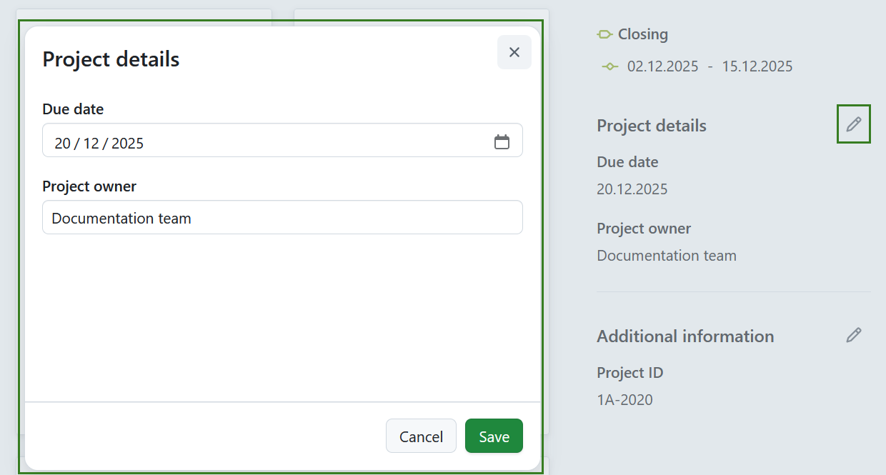Modifier une section d’attributs de projet sur la page de présentation du projet