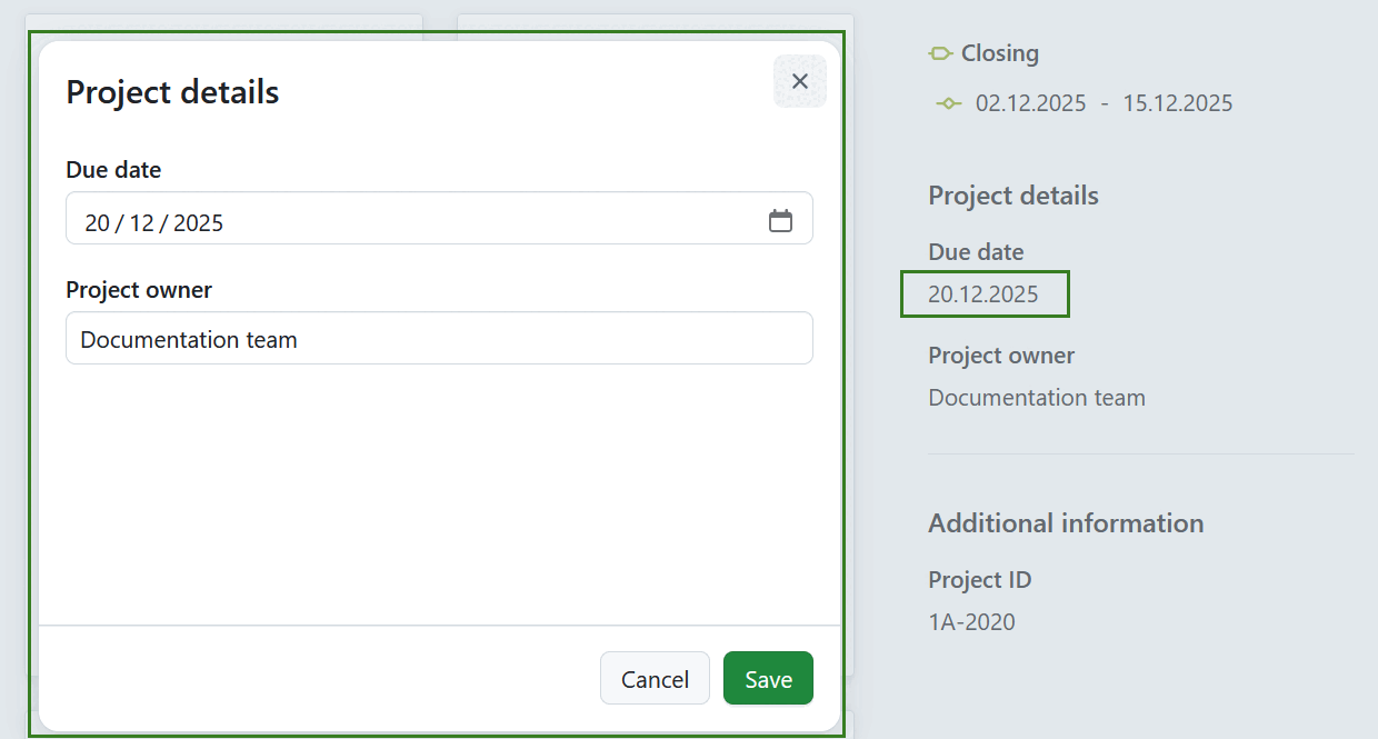 Edit a project attribute section on project overview page