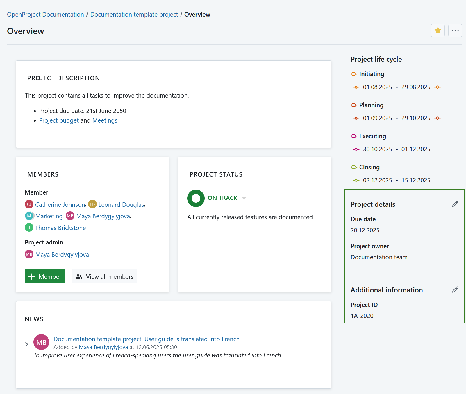 Page de présentation du projet montrant les attributs du projet sur le côté droit
