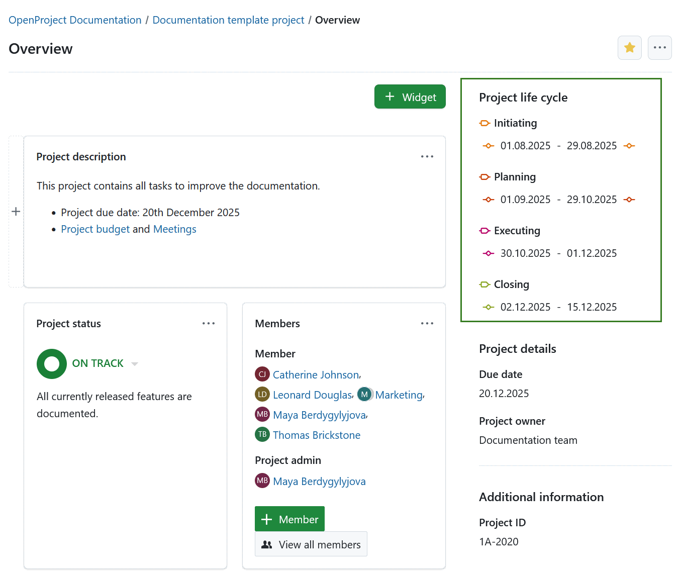Project life cycle phases displayed on a project overview page in OpenProject