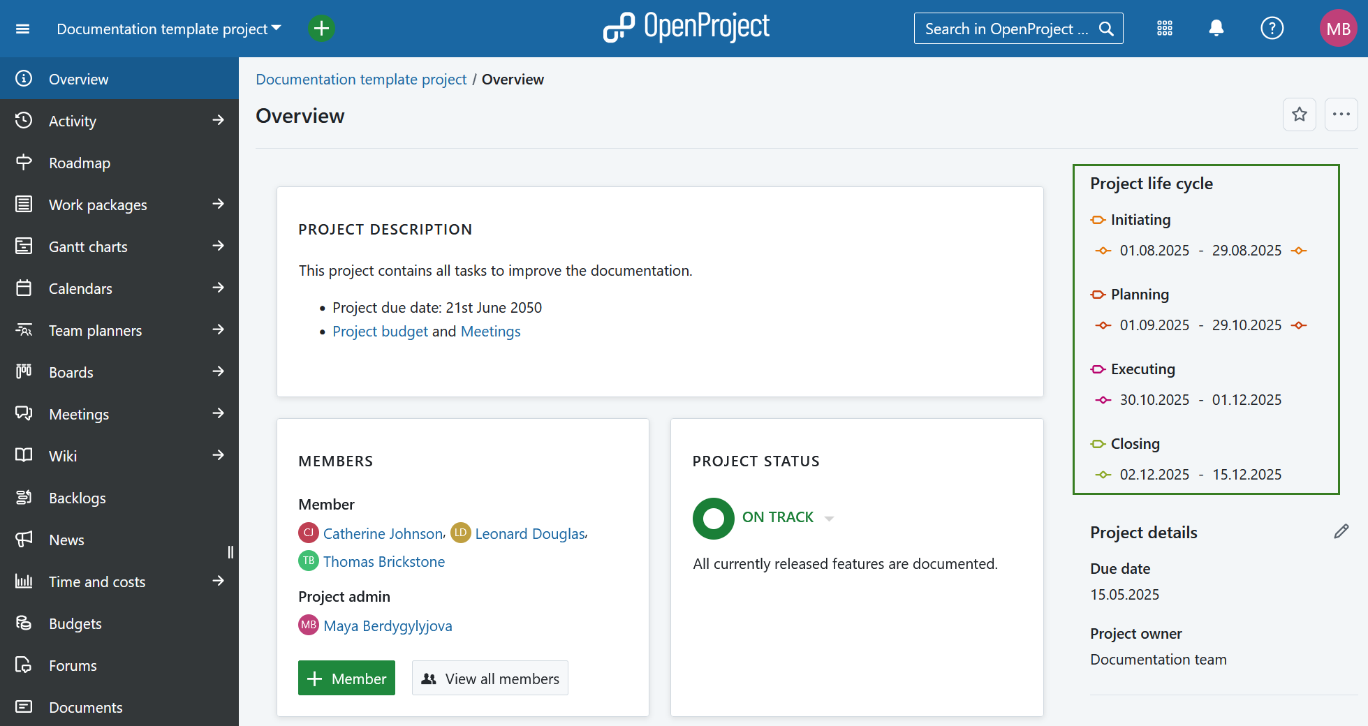 Projekt-Lebenszyklusphasen auf einer Projektübersichtsseite in OpenProject