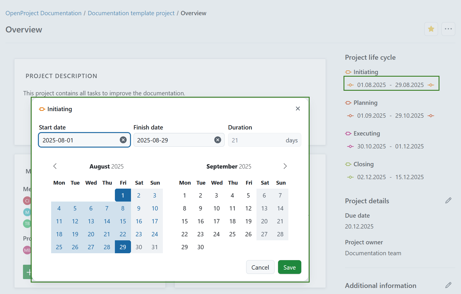 Modifier la plage de dates pour la phase du projet sur une page d’aperçu du projet dans OpenProject