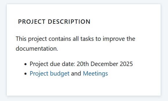 Widget de description du projet affiché sur une page d’aperçu du projet dans OpenProject