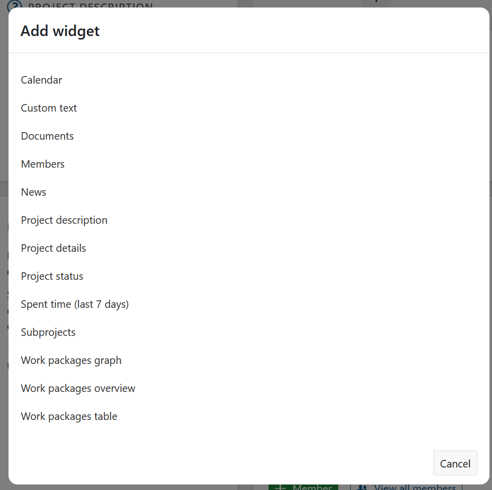 Une liste montrant les widgets disponibles à ajouter à une page d’aperçu du projet dans OpenProject