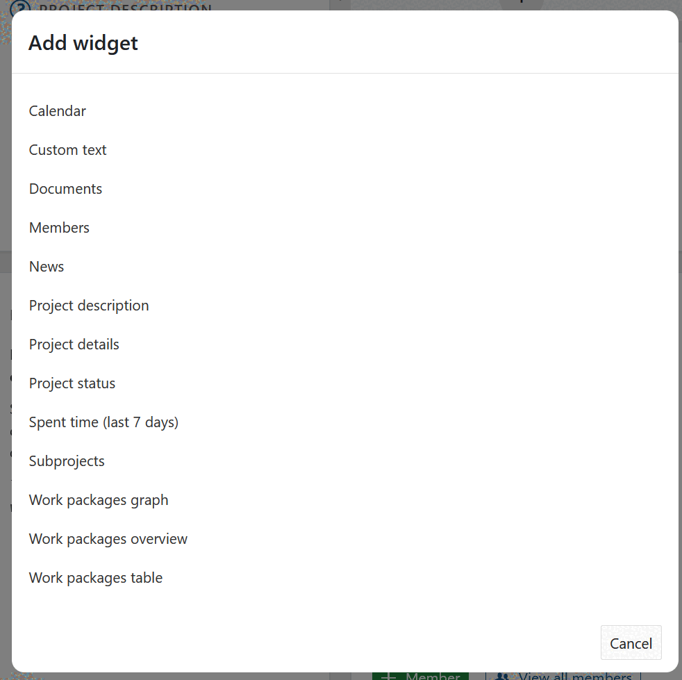 Eine Liste mit verfügbaren Widgets, die zu einer Projektübersichtsseite in OpenProject hinzugefügt werden können