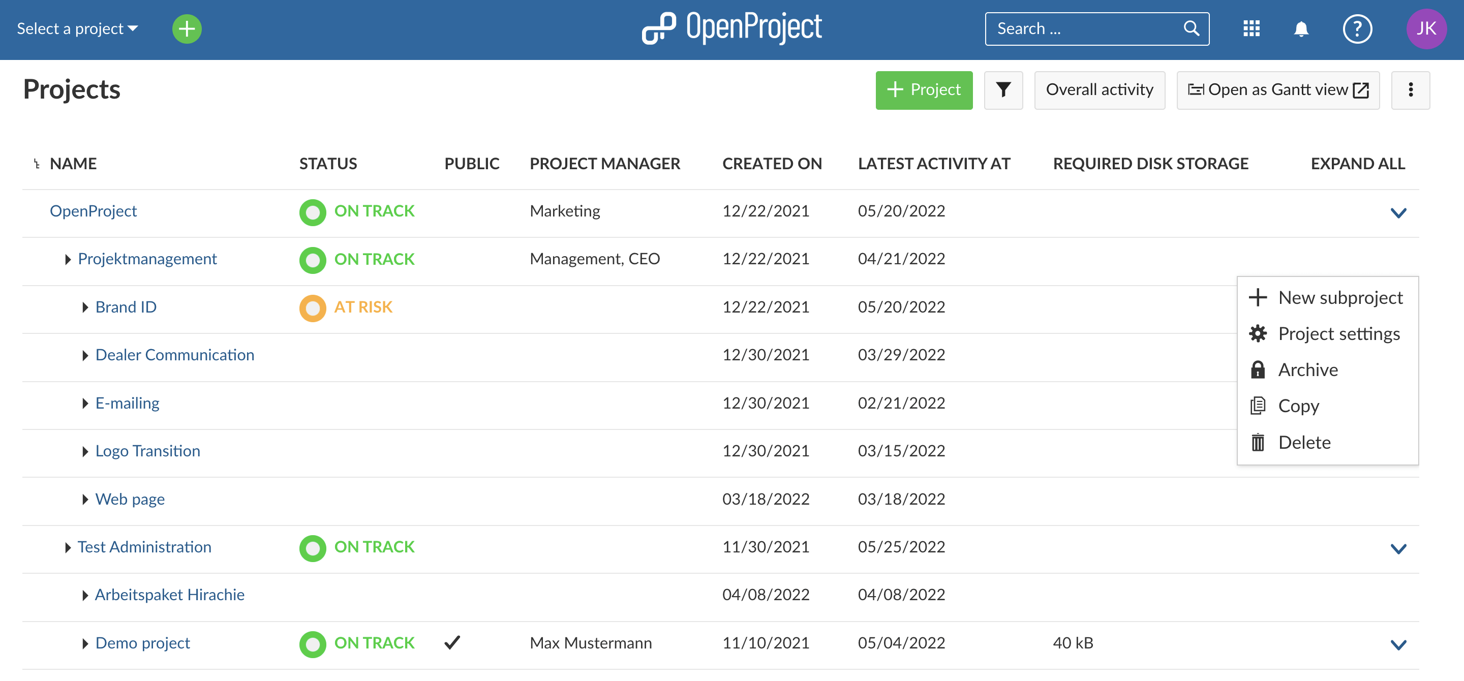 new subproject project list