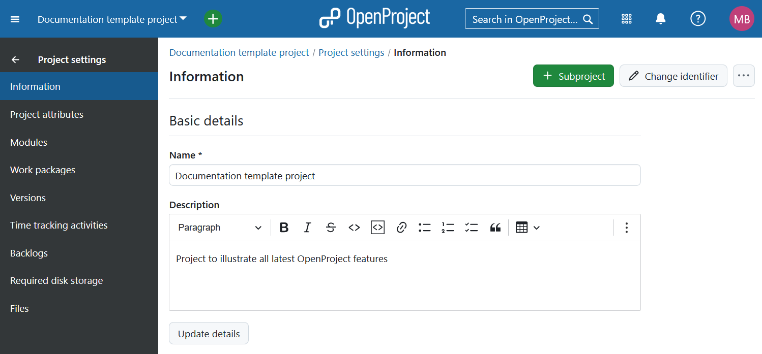 Project information under project settings in OpenProject