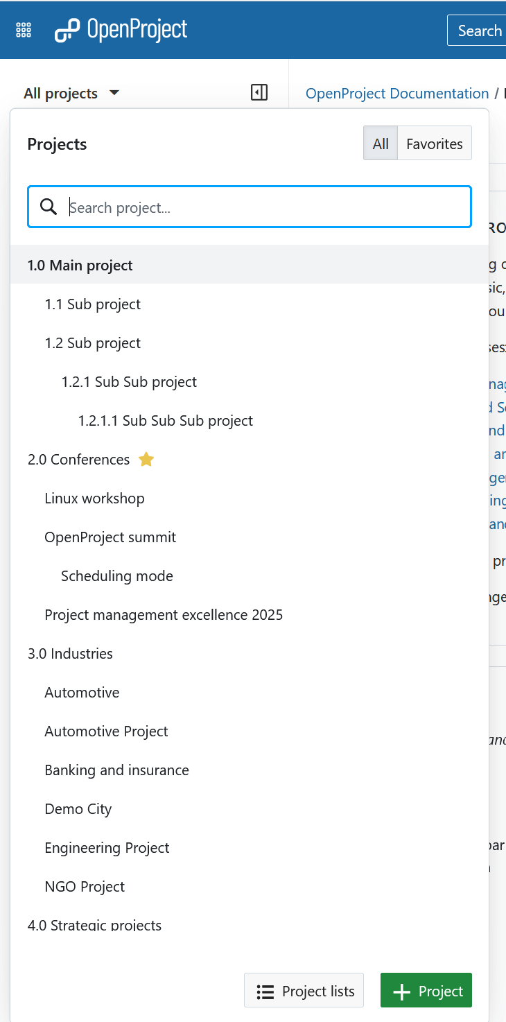 Exemplo de uma hierarquia de projetos apresentada no menu pendente “Projetos” no OpenProject