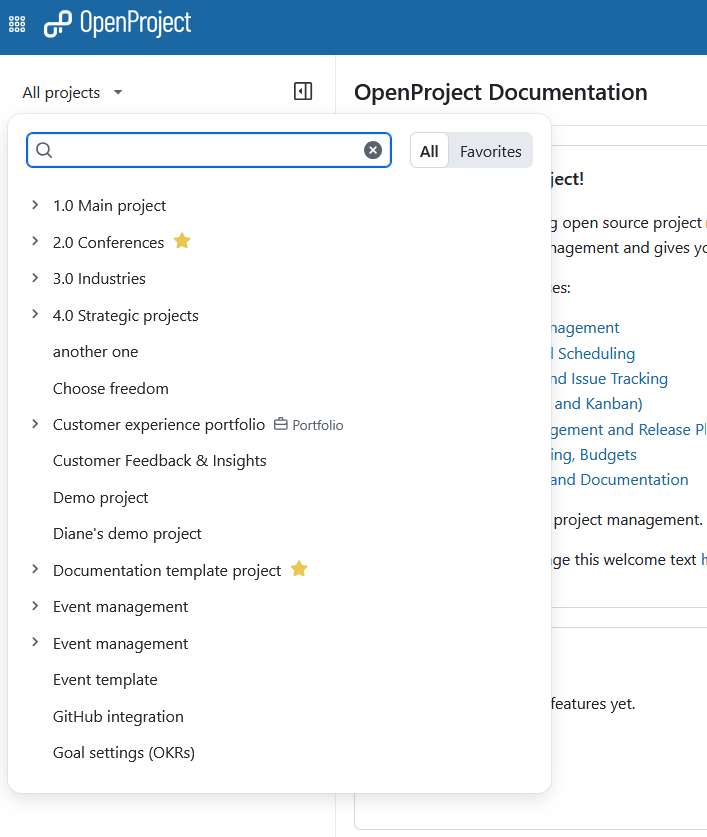 Exemplo de uma hierarquia de projetos apresentada no menu pendente “Projetos” no OpenProject