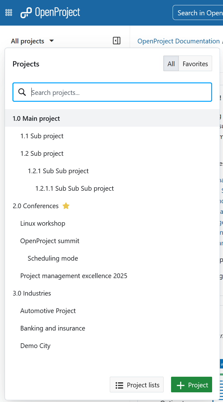 Exemplo de uma hierarquia de projetos apresentada no menu pendente “Projetos” no OpenProject