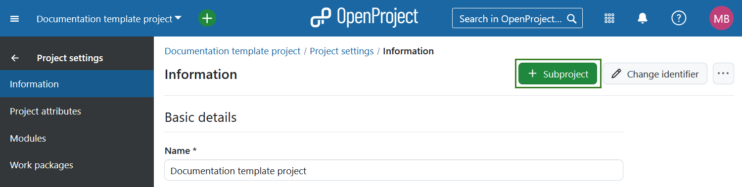 A button to create a subproject under project settings in OpenProject