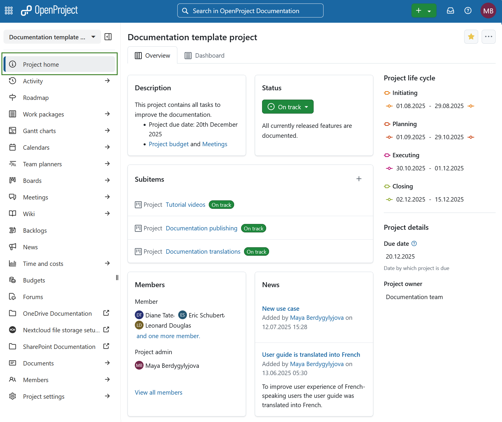Project overview page for a specific project in OpenProject