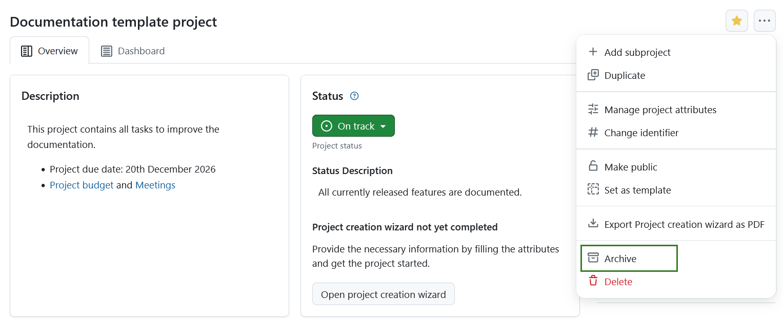 Archivar un proyecto en la página de resumen del proyecto en OpenProject