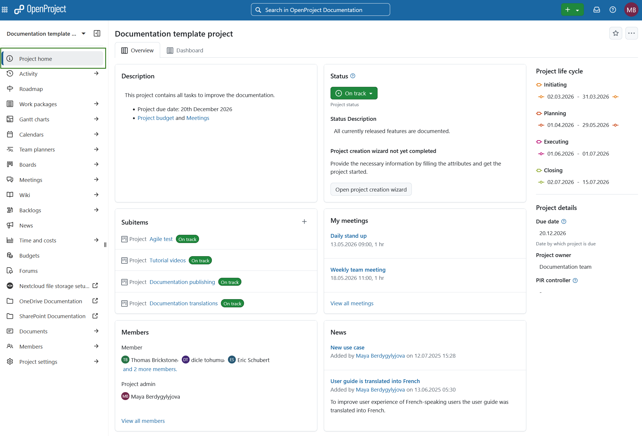 Project overview page for a specific project in OpenProject