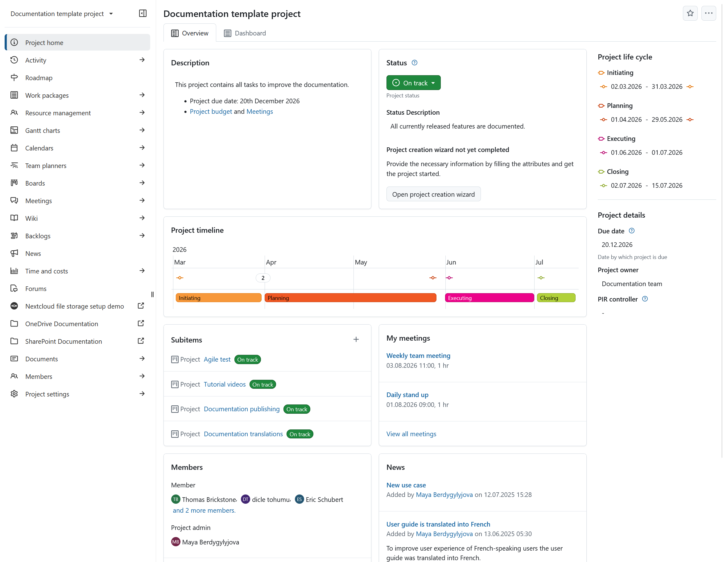 Página de resumen de un proyecto específico en OpenProject