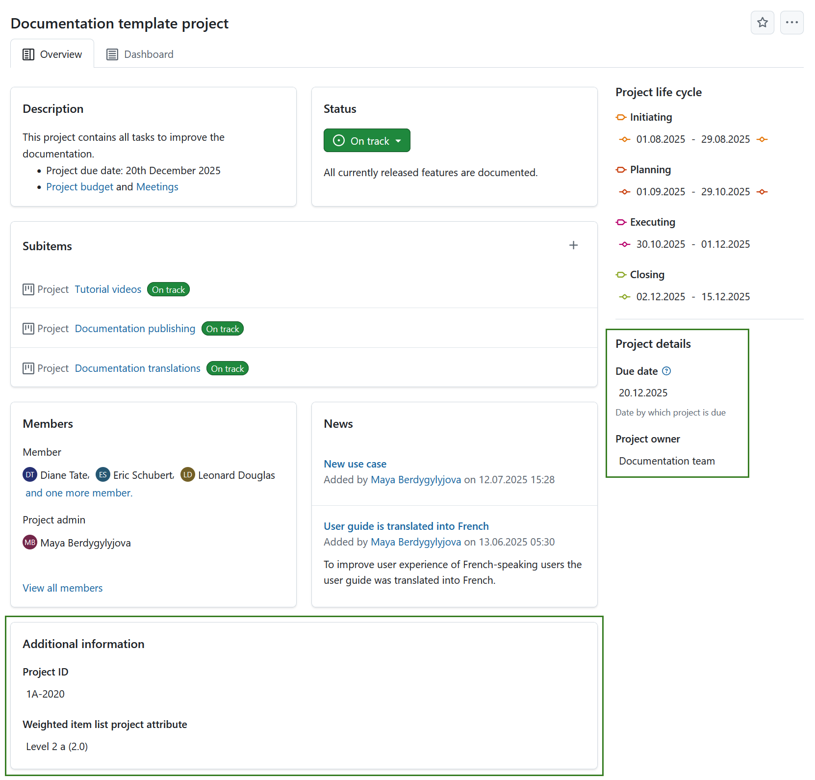 Projekt-Startseite mit Anzeige der Projektattribute im rechten Fensterbereich von OpenProject