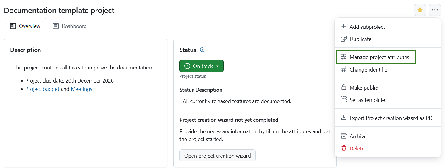 Enlace a la configuración de atributos del proyecto desde la página de resumen del proyecto en OpenProject
