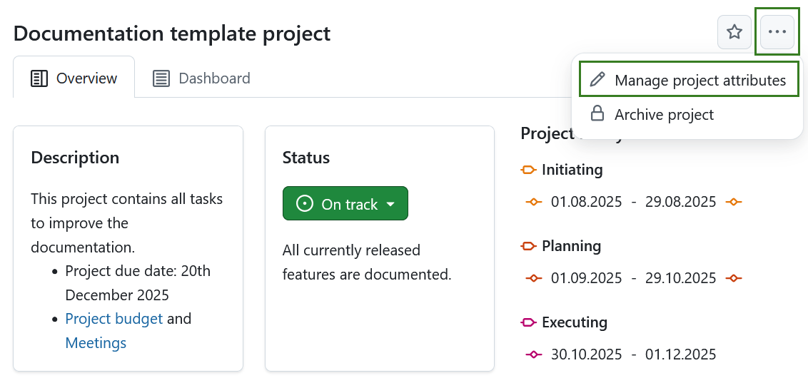 Link zu Projektattribut-Einstellungen von der Projektübersichtsseite in OpenProject