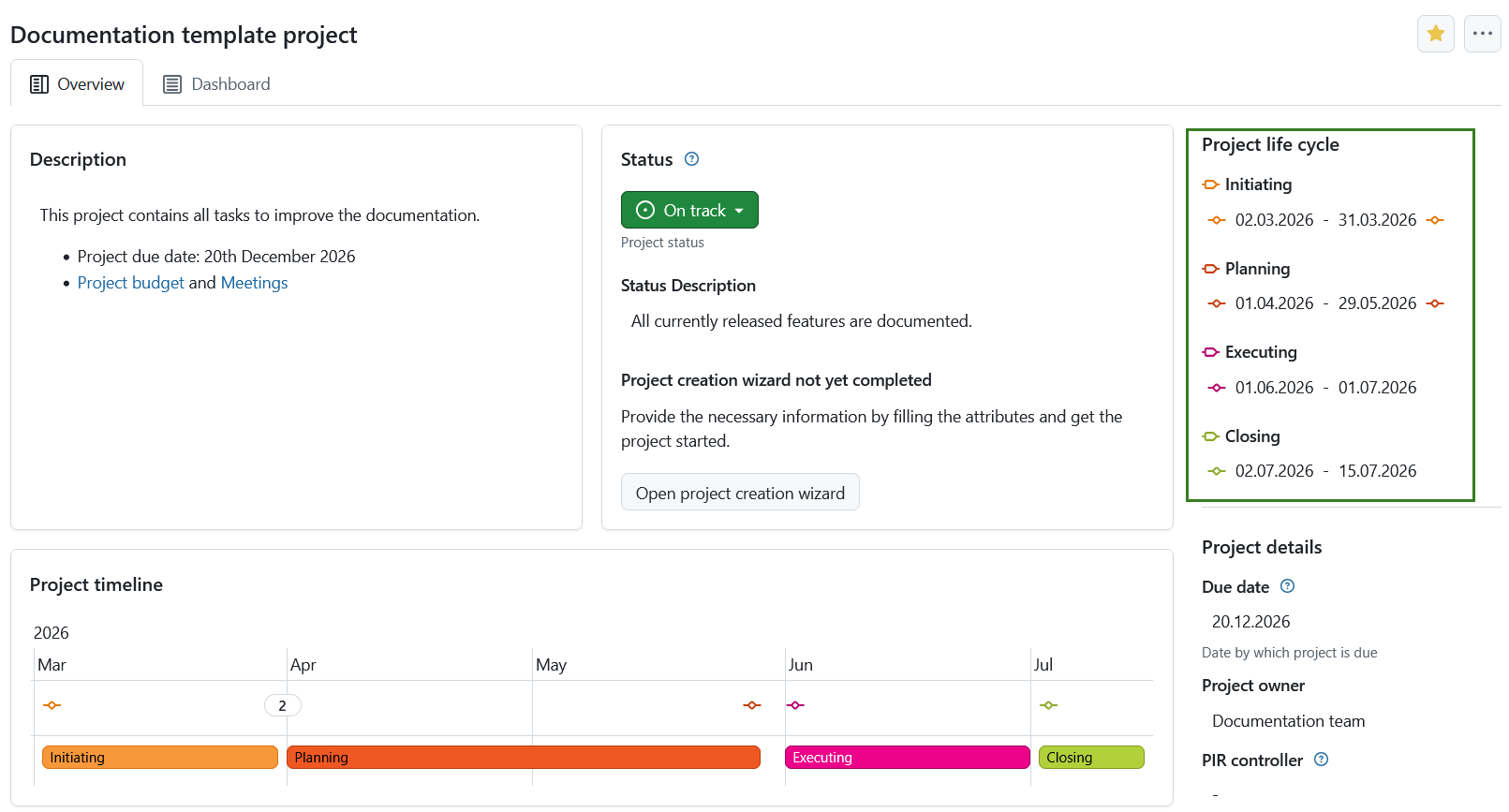 Project life cycle phases displayed on a project home page in OpenProject
