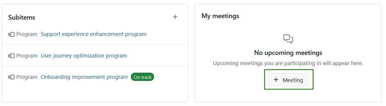 Besprechungs-Widget wird unter der Registerkarte Über auf der Projekt-Startseite in OpenProject angezeigt, wobei noch keine Besprechungen erstellt wurden