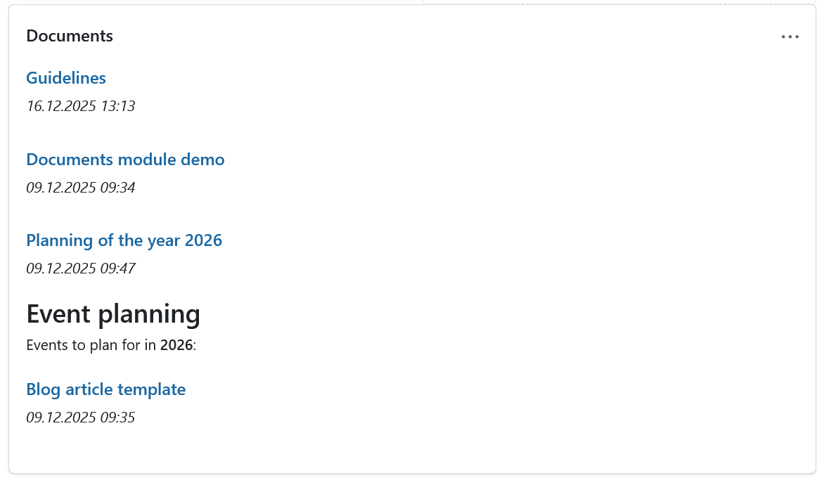 Dokumenten-Widget auf einer Dashboard-Registerkarte der Projekt-Startseite in OpenProject