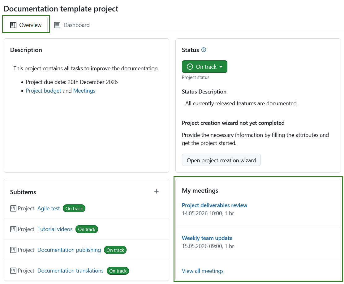 Besprechungs-Widget, das unter der Registerkarte Über auf der Projekt-Startseite in OpenProject angezeigt wird