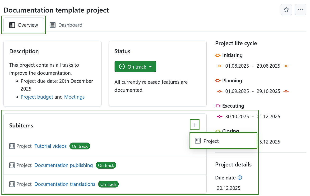 Unterprojekte-Widget, das auf einer Projekt-Startseite in OpenProject angezeigt wird
